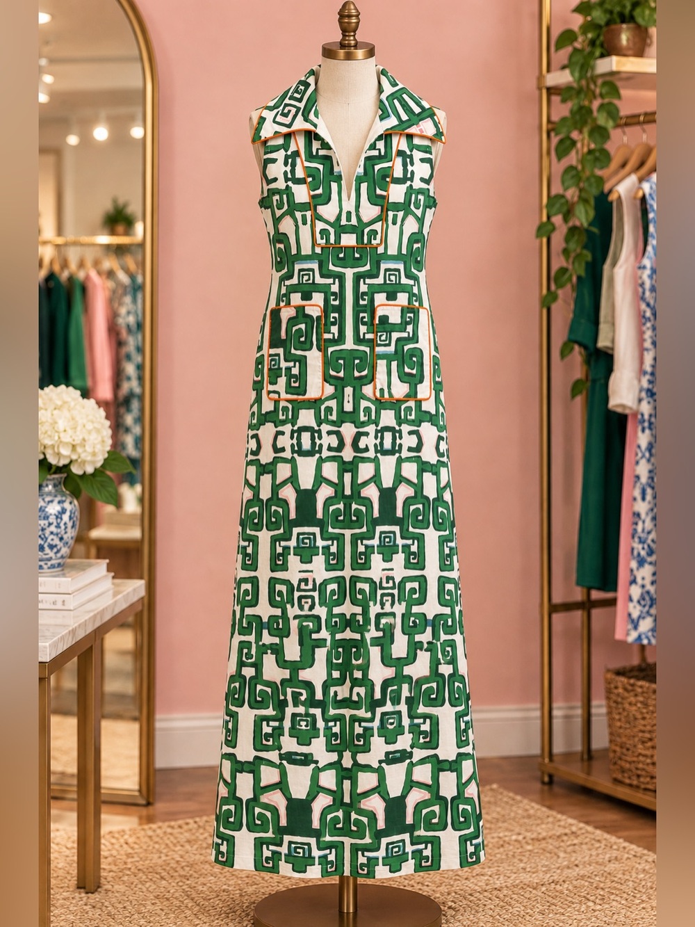House of MBR Cassidy sleeveless Green Geometric Greek heiress dress S (0)
